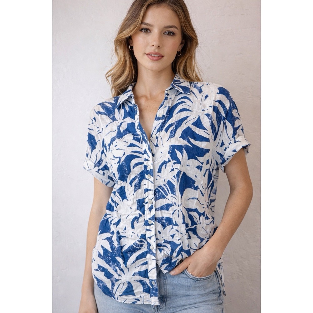 Black Label Lauren Ralph Lauren M Women Blue Floral Print Short Sleeve Button